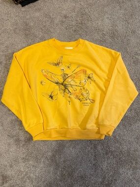 American Eagle Outfitters Yellow Butterfly & Skeleton Graphic Crewneck